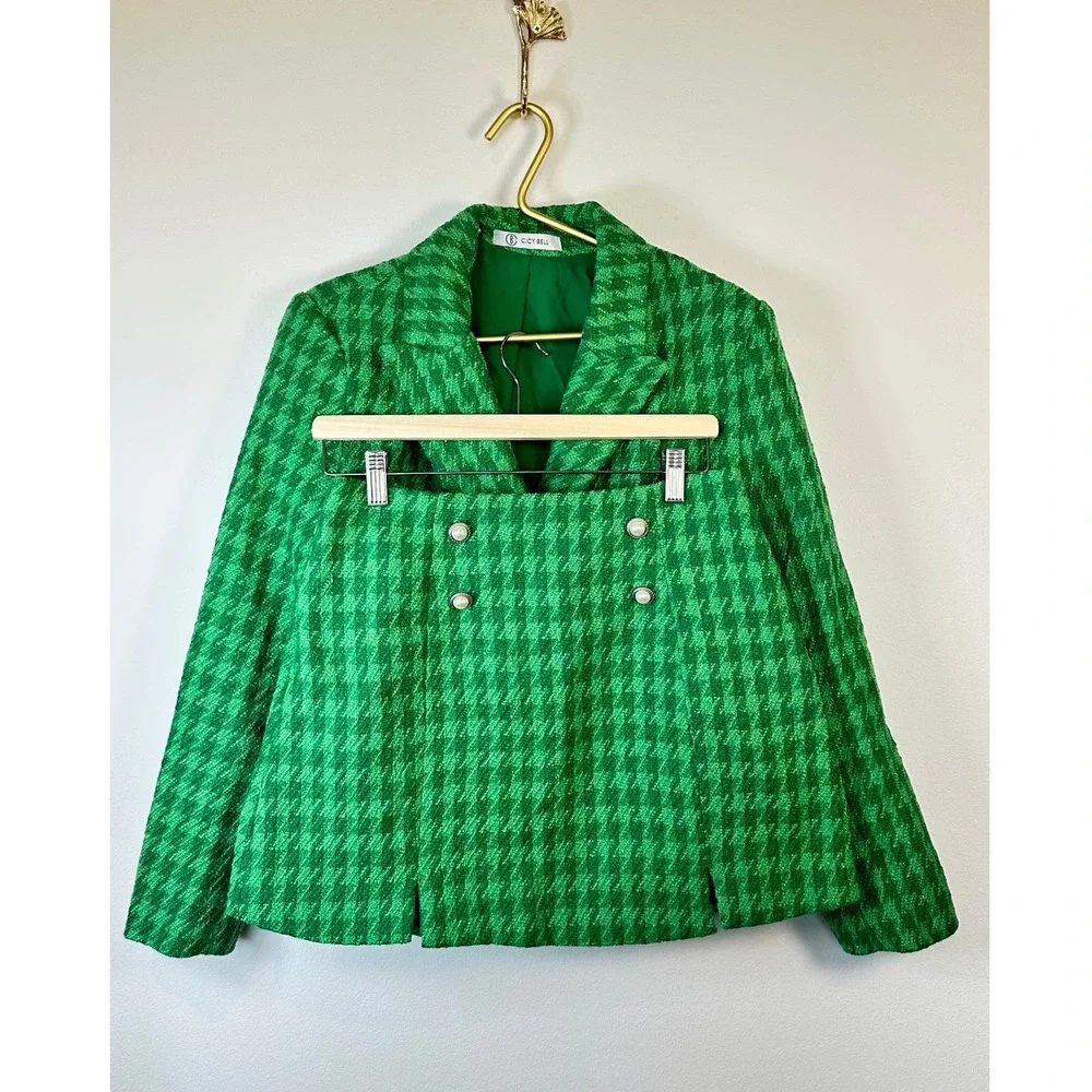Cicy Bell Womens Green Cropped Tweed Blazer Skirt Set Suit M Tweed Houndstooth - Picture 2 of 12